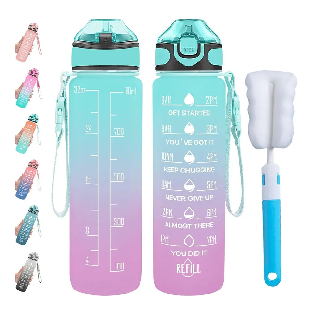 32 oz Drinking Water Bottle with Times to Drink and Straw, Motivational with Carrying Strap, Leakproof BPA & Toxic Free - Merit Sell