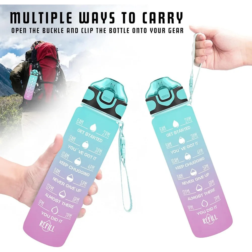 32 oz Drinking Water Bottle with Times to Drink and Straw, Motivational with Carrying Strap, Leakproof BPA & Toxic Free - Merit Sell