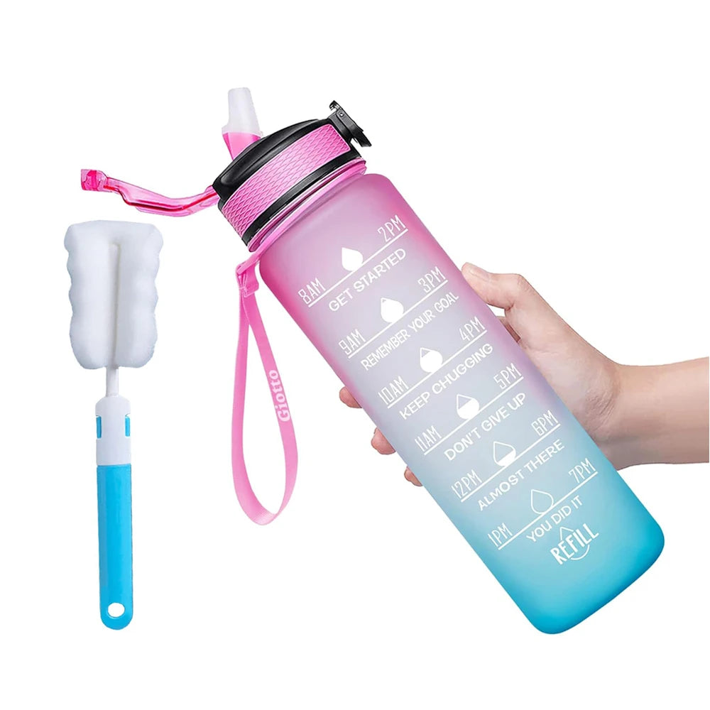 32 oz Drinking Water Bottle with Times to Drink and Straw, Motivational with Carrying Strap, Leakproof BPA & Toxic Free - Merit Sell