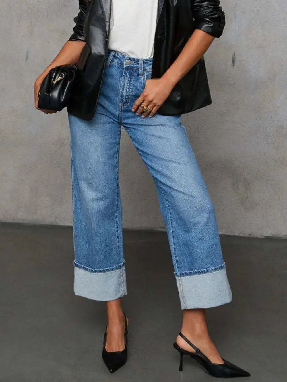 High Waisted Straight Leg Rolled Jeans - Merit Sell