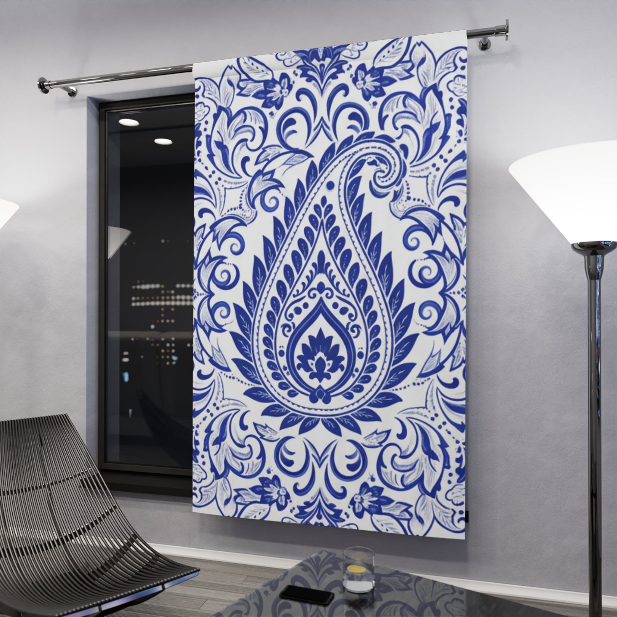Blue Paisley Window Curtain - Boho Floral Drapery Panel