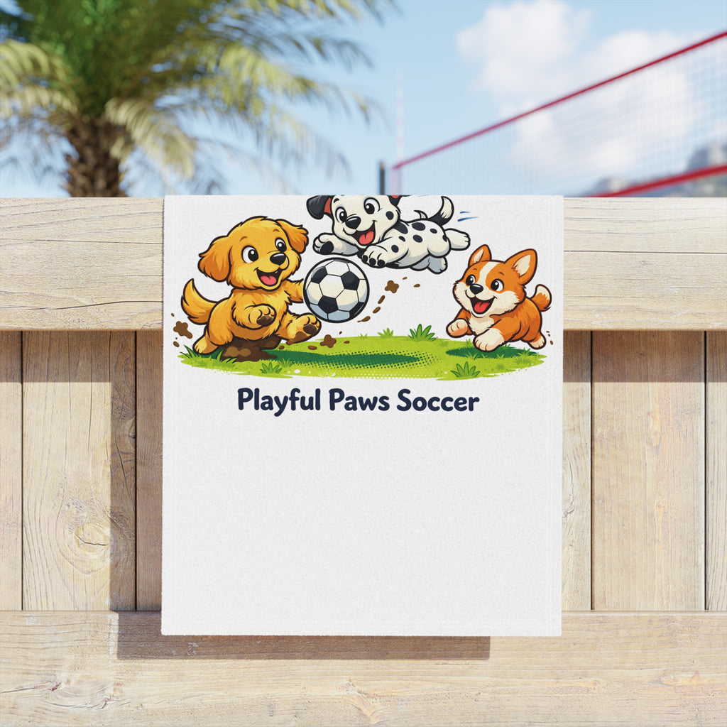 Playful Paws Soccer Beach Towel — Cute Puppies Playing Soccer Kids Towel