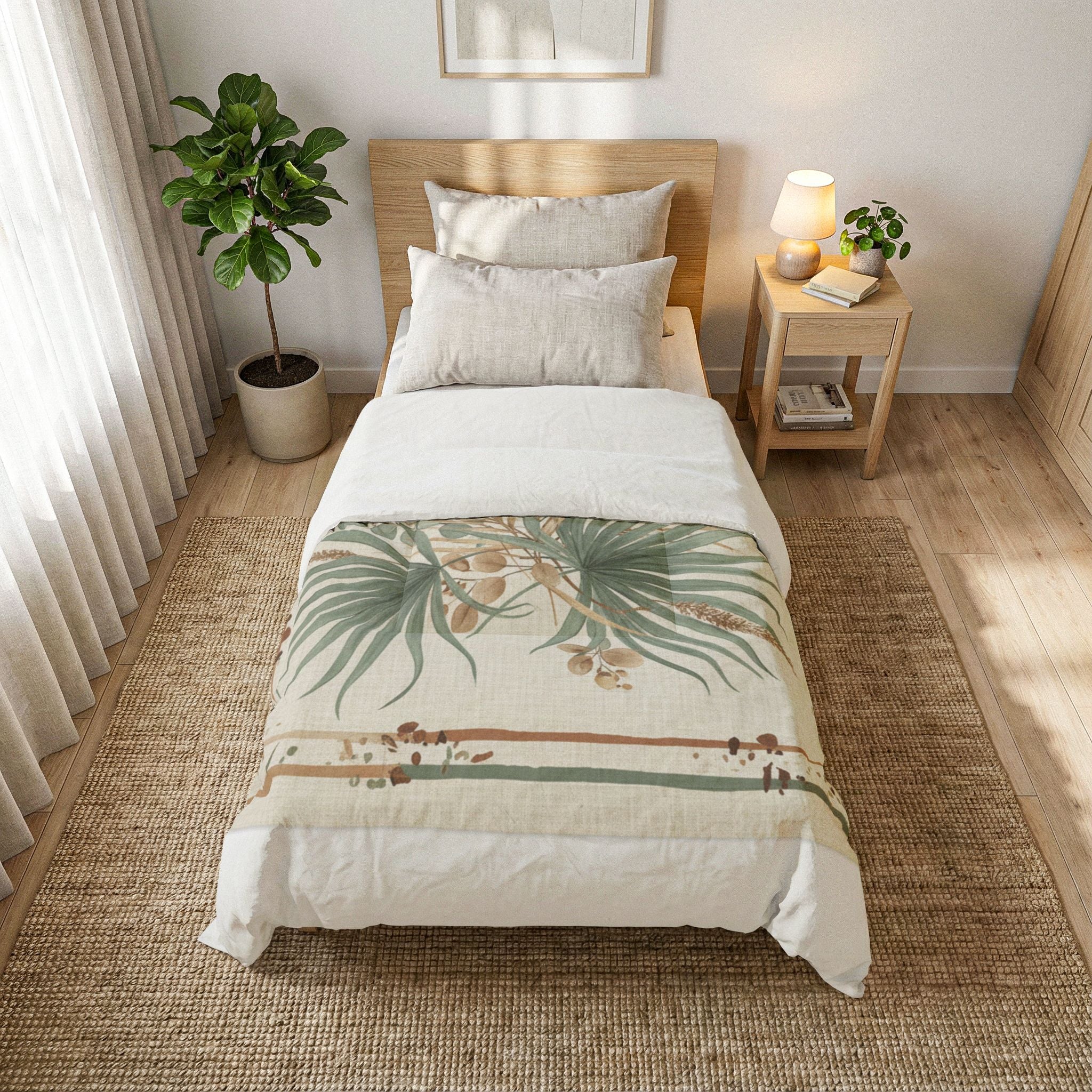 Botanical Palm Cotton Comforter – Neutral Green Leaf Bedding