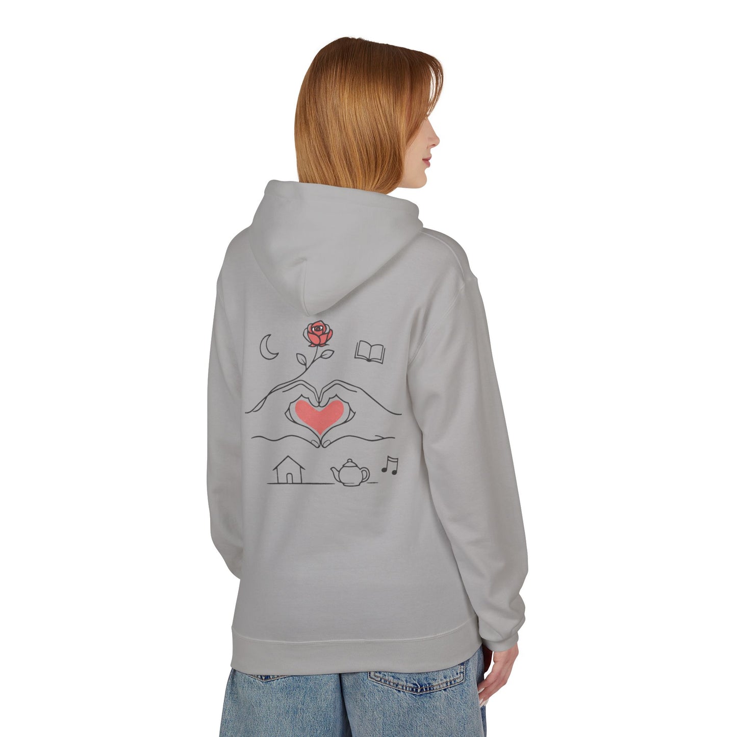 Cozy Heart & Rose Hoodie — Comfort, Home, Tea, Books Design