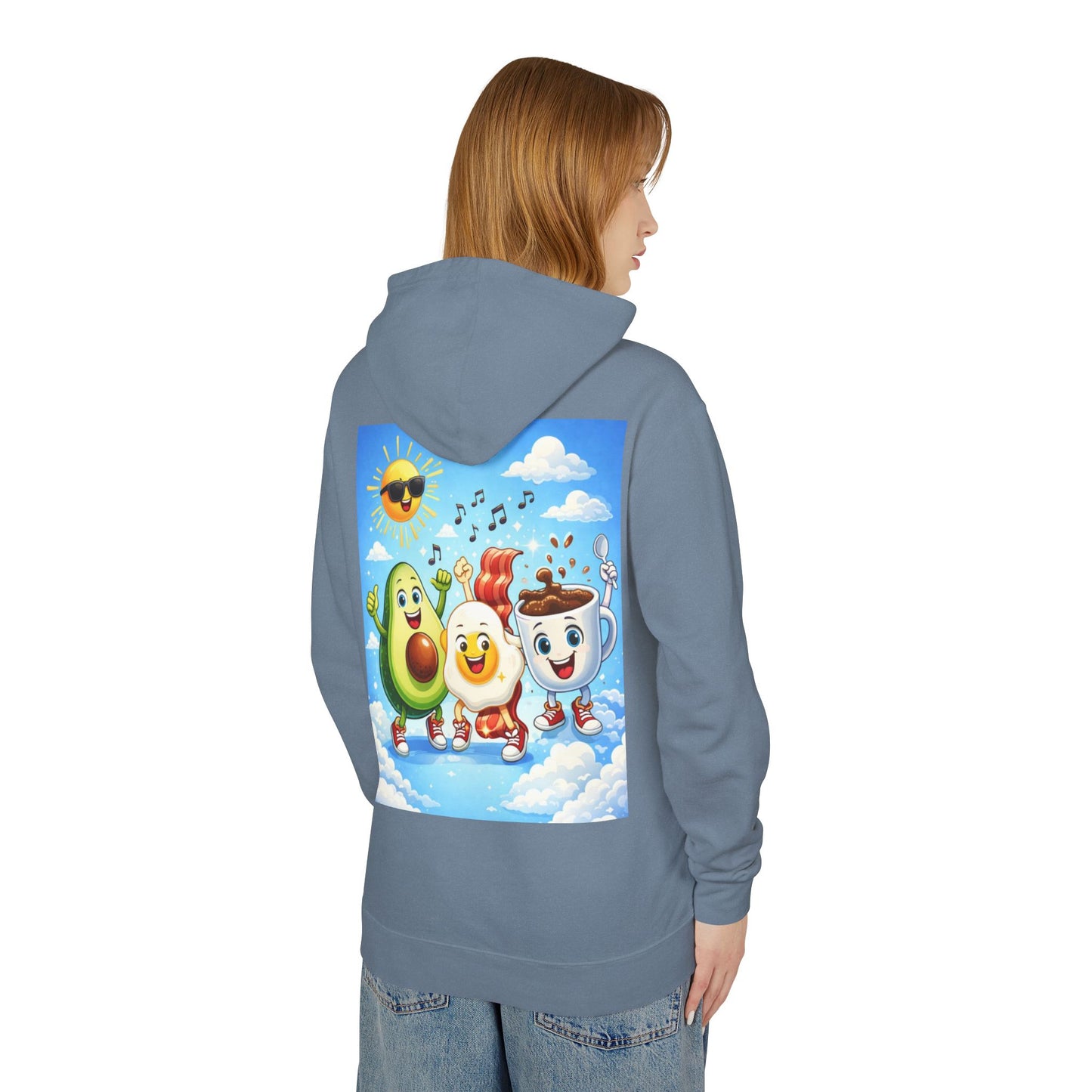 Happy Breakfast Friends Hoodie — Avocado, Egg & Coffee Cartoon Pullover