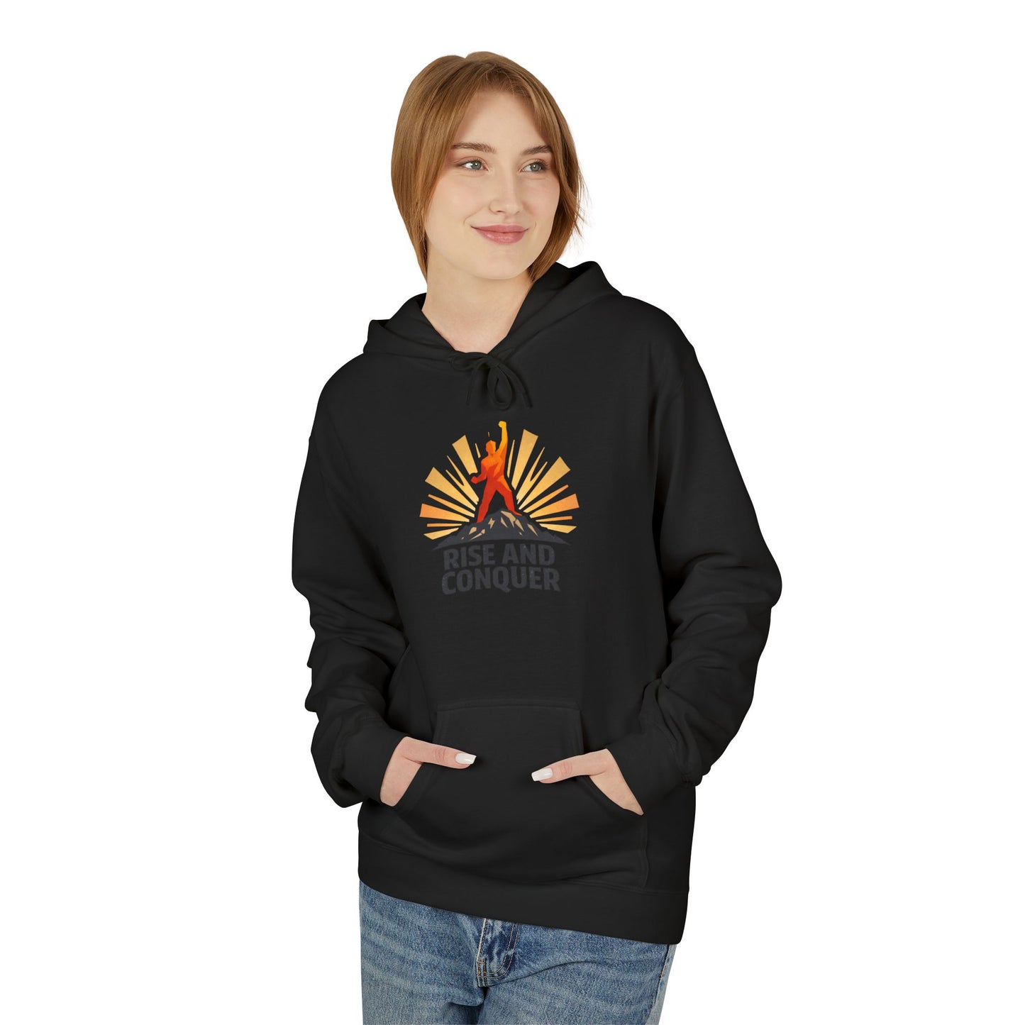 Rise and Conquer Hoodie - Motivational Sunrise Adventure Pullover
