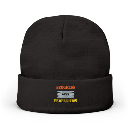 Embroidered Knit Beanie — 'Progress Over Perfection' Cozy Winter Hat