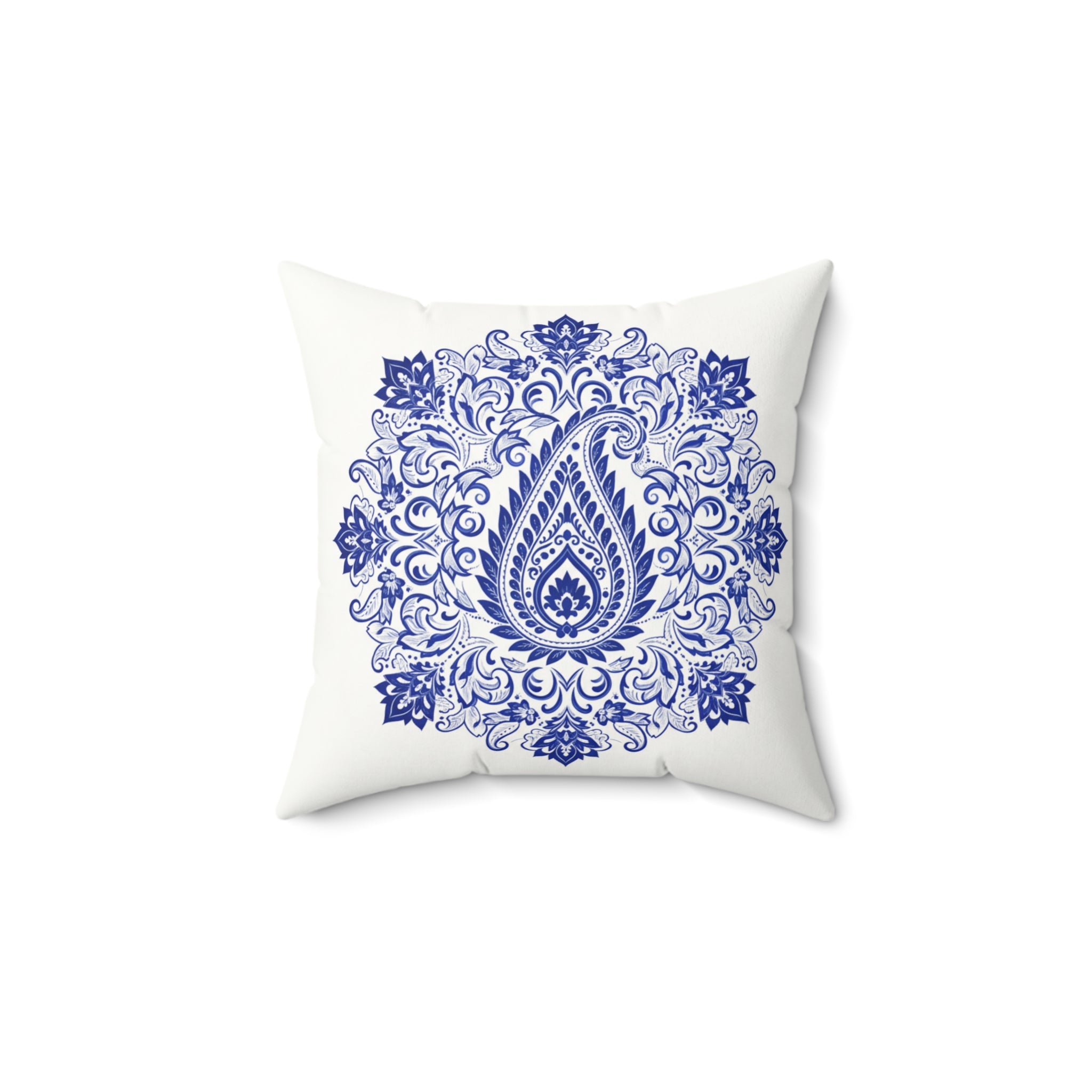 Blue Paisley Mandala Faux Suede Pillow — Decorative Square Throw Pillow