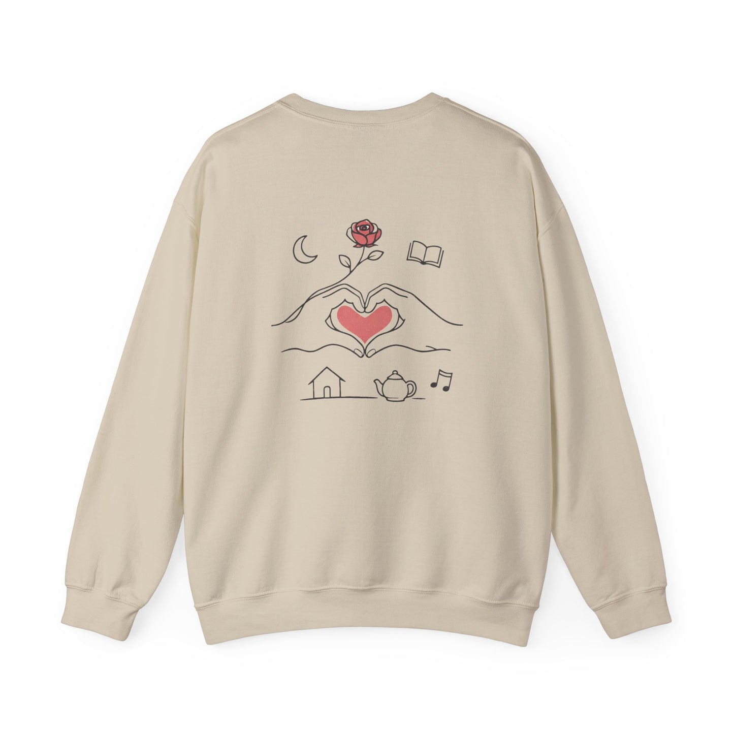 Crewneck Sweatshirt — Heart Hands Rose Illustration (Cozy Home & Self‑Care Vibe)