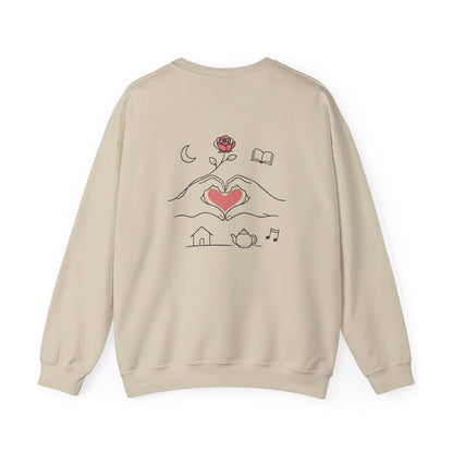 Crewneck Sweatshirt — Heart Hands Rose Illustration (Cozy Home & Self‑Care Vibe)