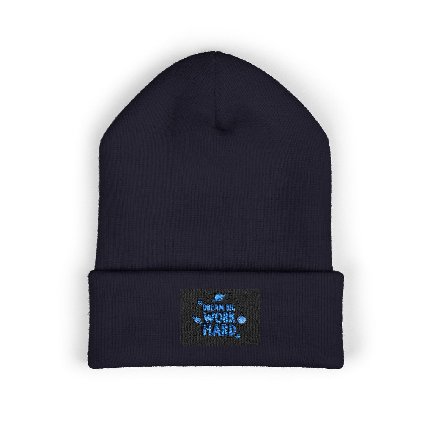 Classic Cuffed Beanie — Embroidered 'Never Stop' Blue Patch Winter Hat