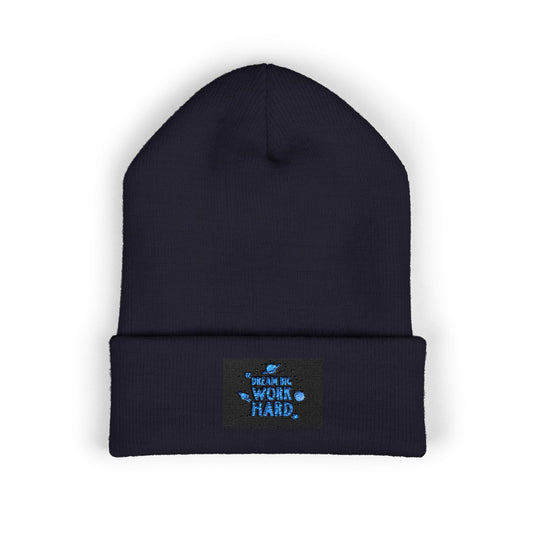 Classic Cuffed Beanie — Embroidered 'Never Stop' Blue Patch Winter Hat