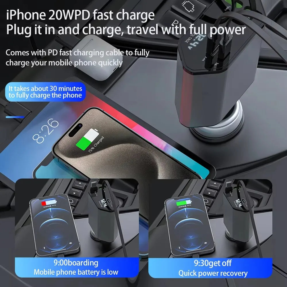 4-in-1 Car Charger Mobile Pphone Charger Expansion Cable Support For Fast Charging Of iPhone iPad Galaxy Pixel Huawei - Merit Sell