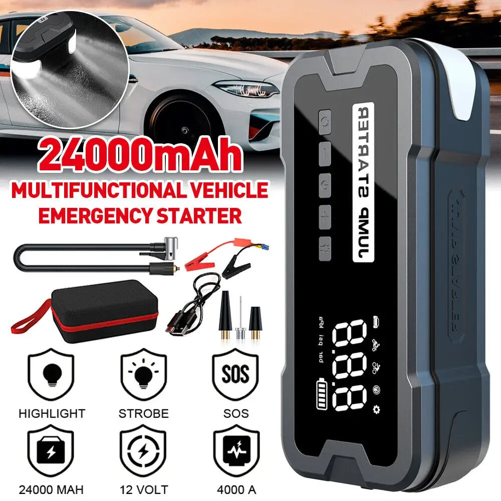 4000A Car Jump Starter Air Pump 25 Cylinder Inflatable Pump with Air Compressor Jumper Box 24000mAh Power Bank Battery Charger - Merit Sell