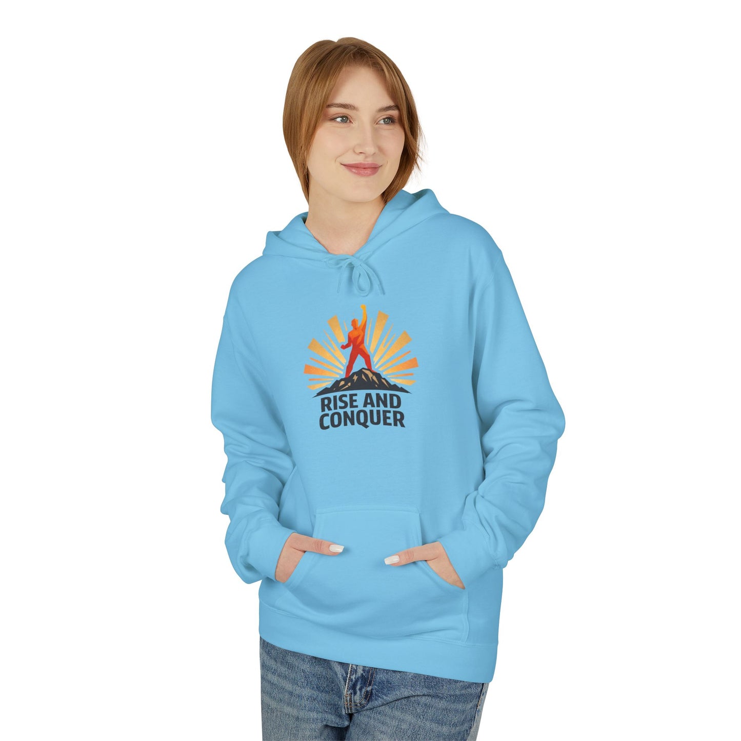 Rise and Conquer Hoodie - Motivational Sunrise Adventure Pullover