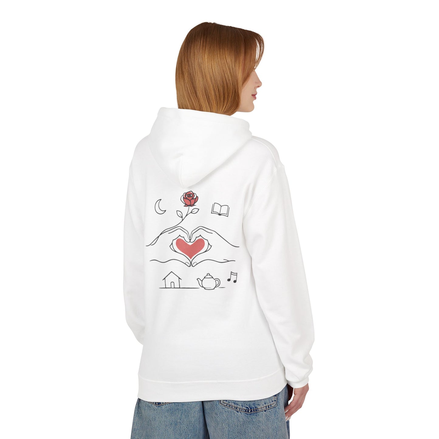 Cozy Heart & Rose Hoodie — Comfort, Home, Tea, Books Design