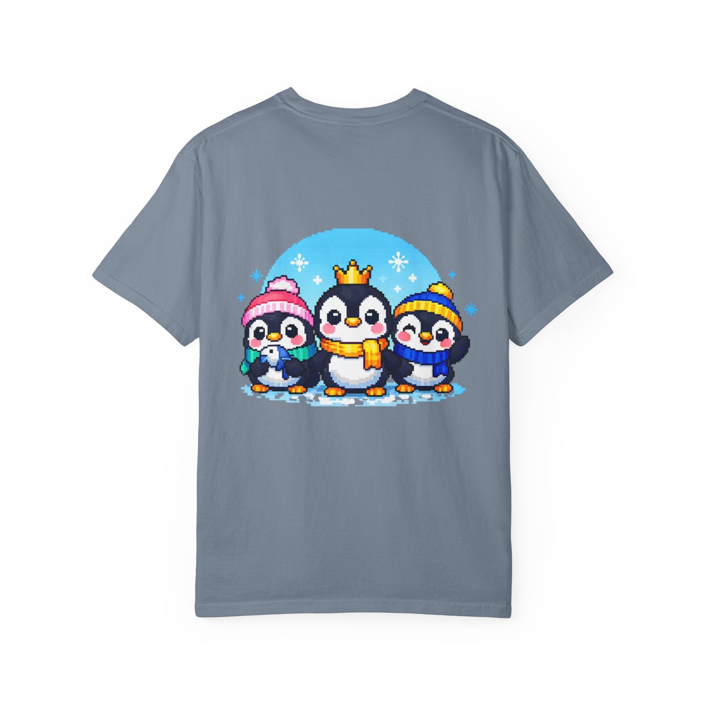 Cute Winter Penguin T‑Shirt — Three Cartoon Penguins with Crown & Scarves