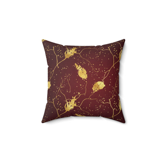 Square Pillow Burgundy Faux Suede with Gold Botanical Accents