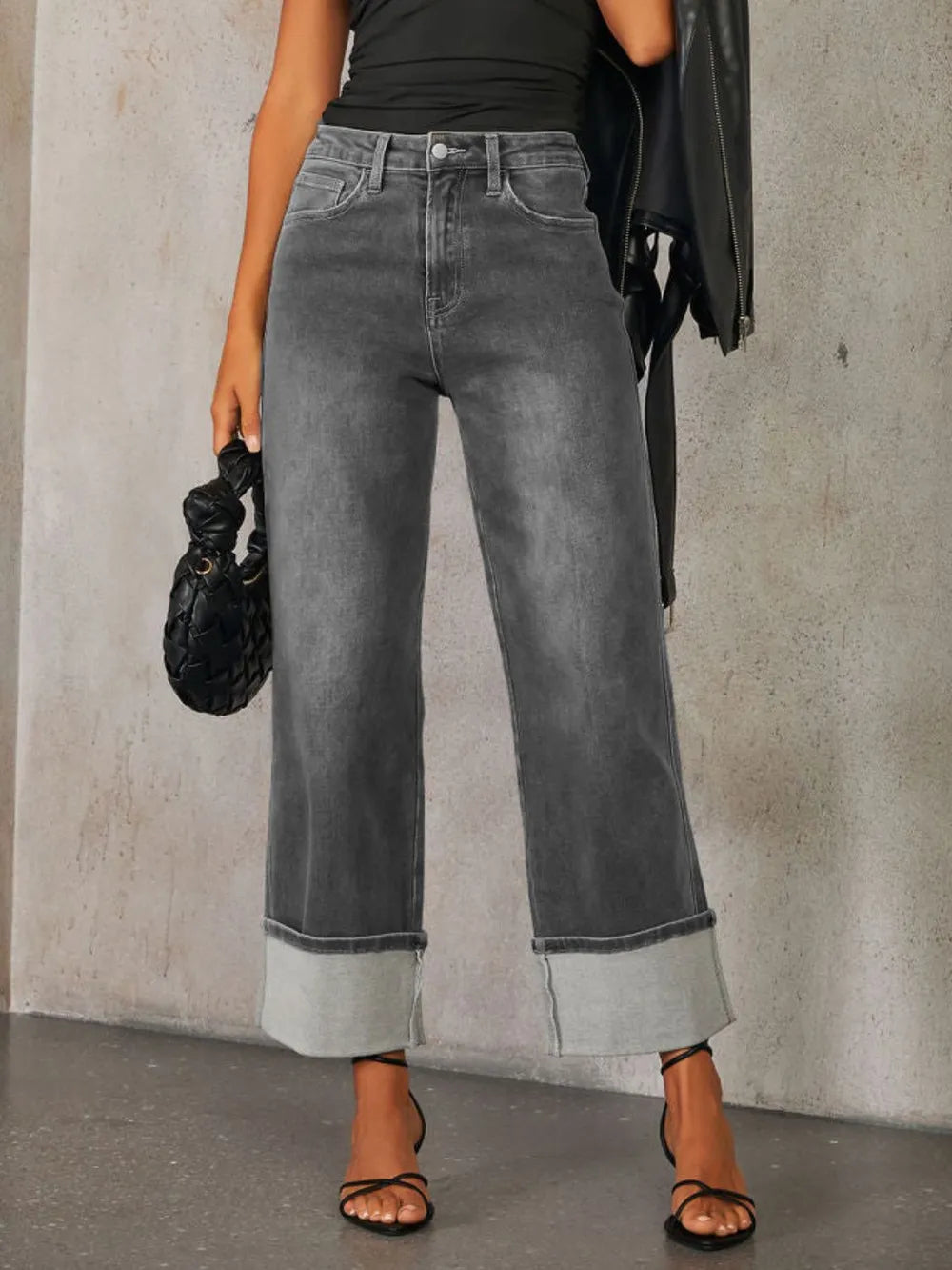 High Waisted Straight Leg Rolled Jeans - Merit Sell