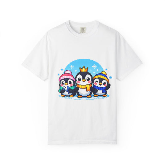 Cute Winter Penguin T‑Shirt — Three Cartoon Penguins with Crown & Scarves Merit Sell