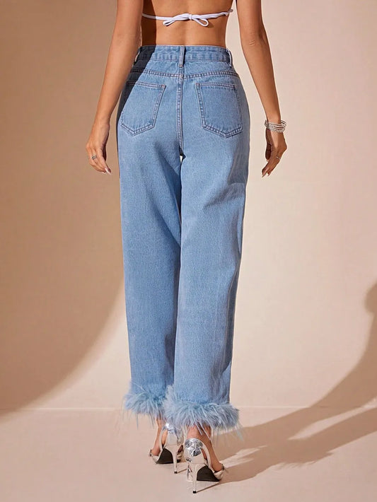 Plush Hem High Rise Straight Jeans - Merit Sell