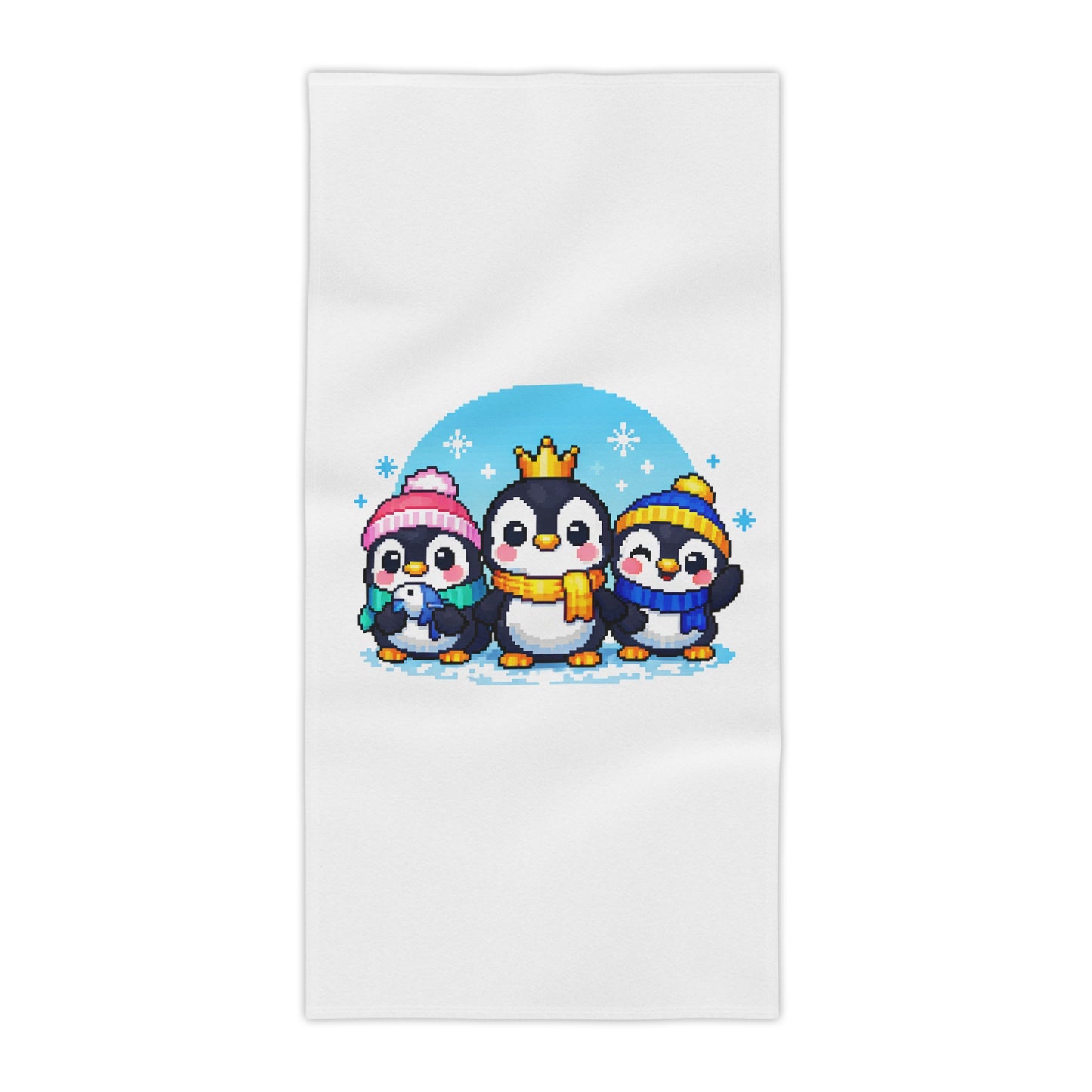 Cute Penguin Family Beach Towel — Winter Crown & Hat Cartoon Design