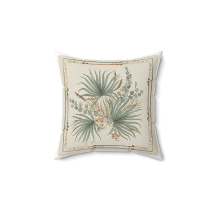 Botanical Palm Faux Suede Pillow — Green Palm Leaf Square Throw Pillow