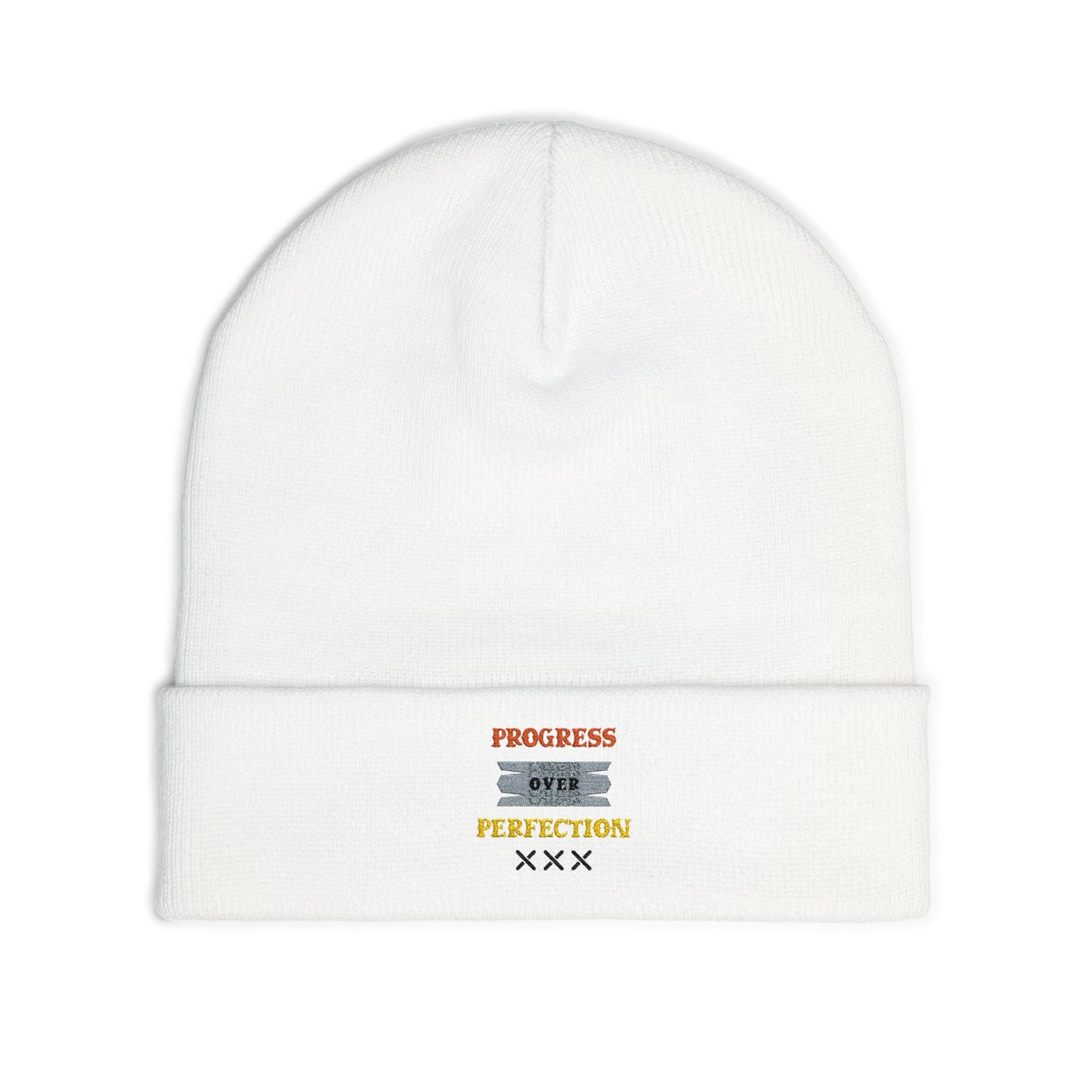 Embroidered Knit Beanie — 'Progress Over Perfection' Cozy Winter Hat