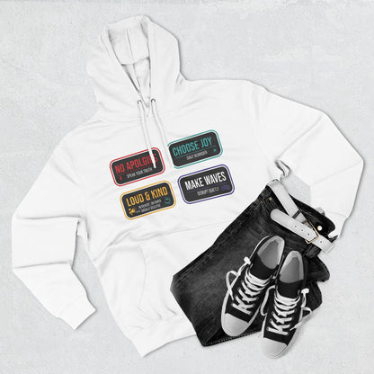 Three-Panel Message Hoodie – "No Apologies / Choose Joy / Loud & Kind / Make Waves"