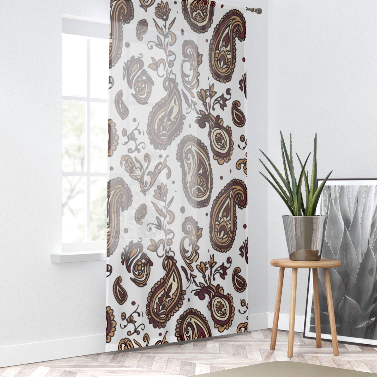 Paisley Sheer Window Curtain – Brown Floral Drapery Panel