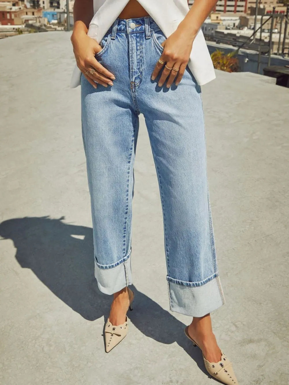High Waisted Straight Leg Rolled Jeans - Merit Sell