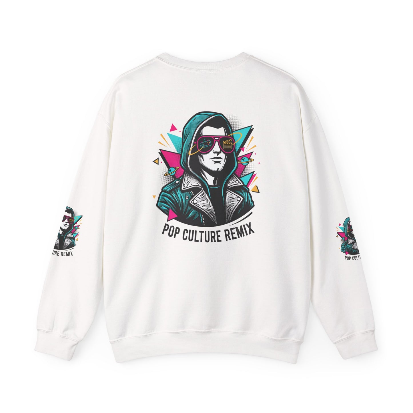 Pop Culture Remix Crewneck Sweatshirt — Retro Neon Hoodie Graphic