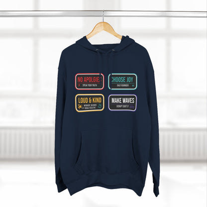 Three-Panel Message Hoodie – "No Apologies / Choose Joy / Loud & Kind / Make Waves"