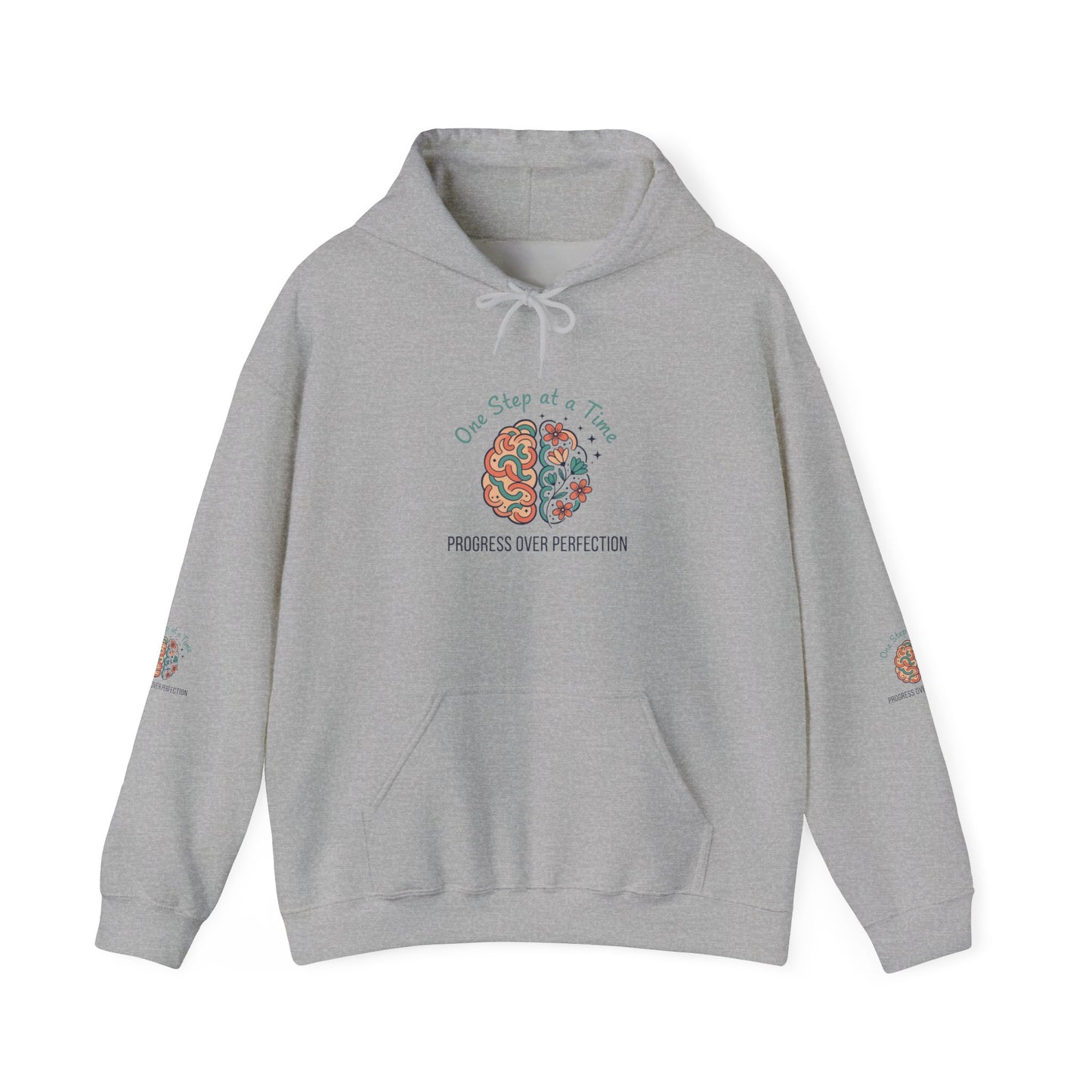 Hoodie — 'One Step at a Time' Brain & Flowers Motivational Pullover