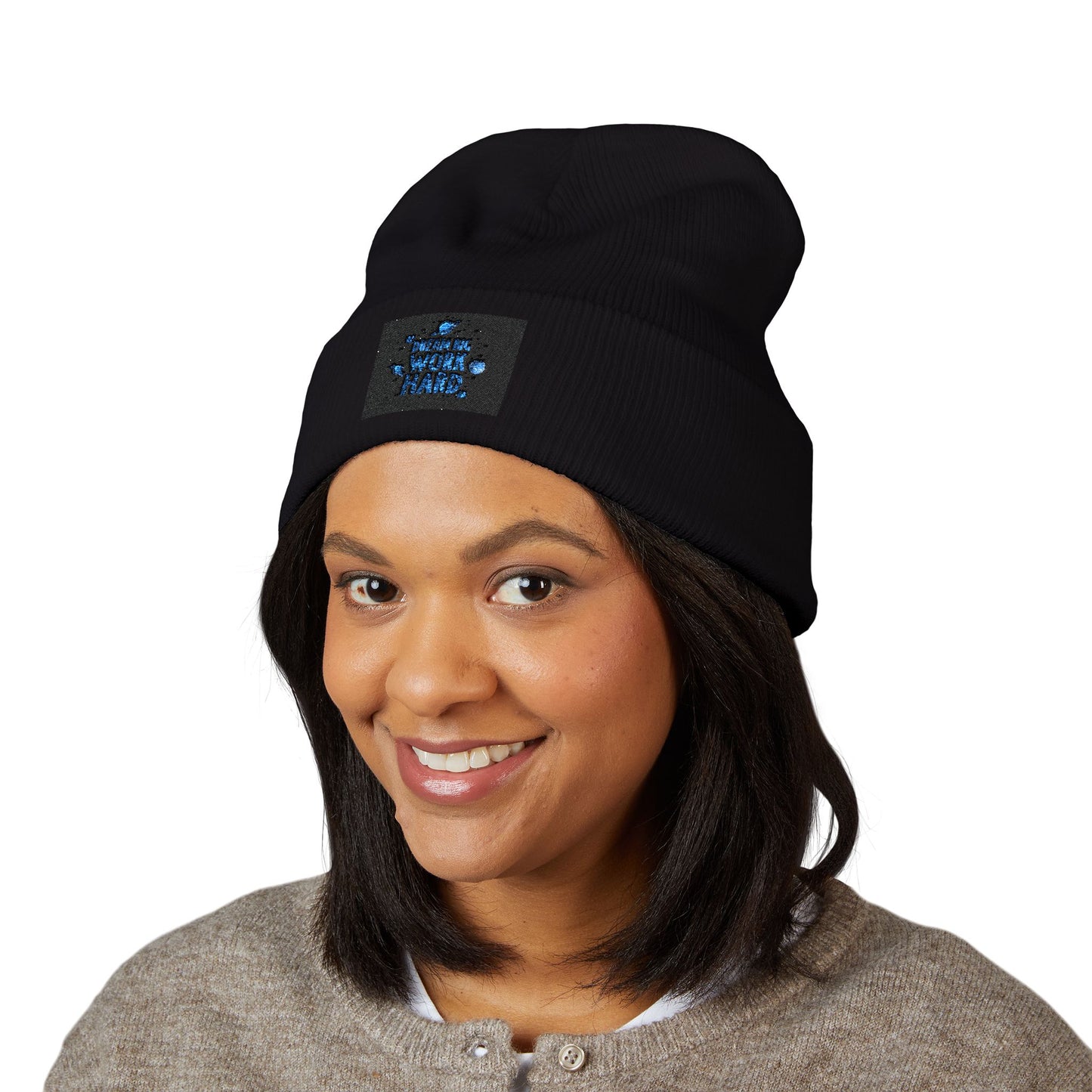 Classic Cuffed Beanie — Embroidered 'Never Stop' Blue Patch Winter Hat