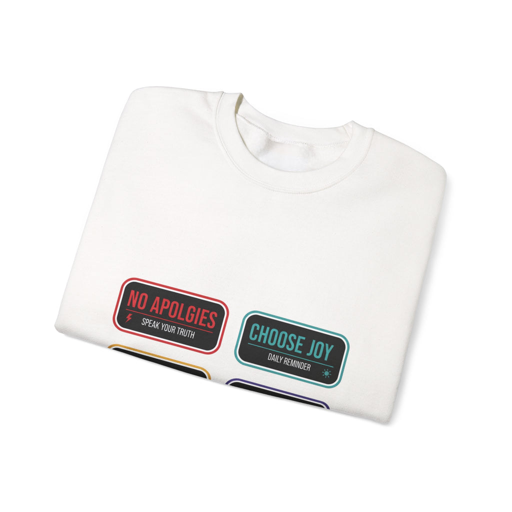 Crewneck Sweatshirt — Inspirational Patch Labels: “No Apologies • Choose Joy • Loud & Kind • Make Waves”