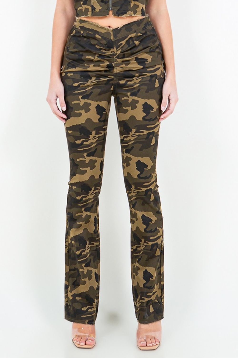 American Bazi V-Cut Camo Flare Pants | Ruched Design