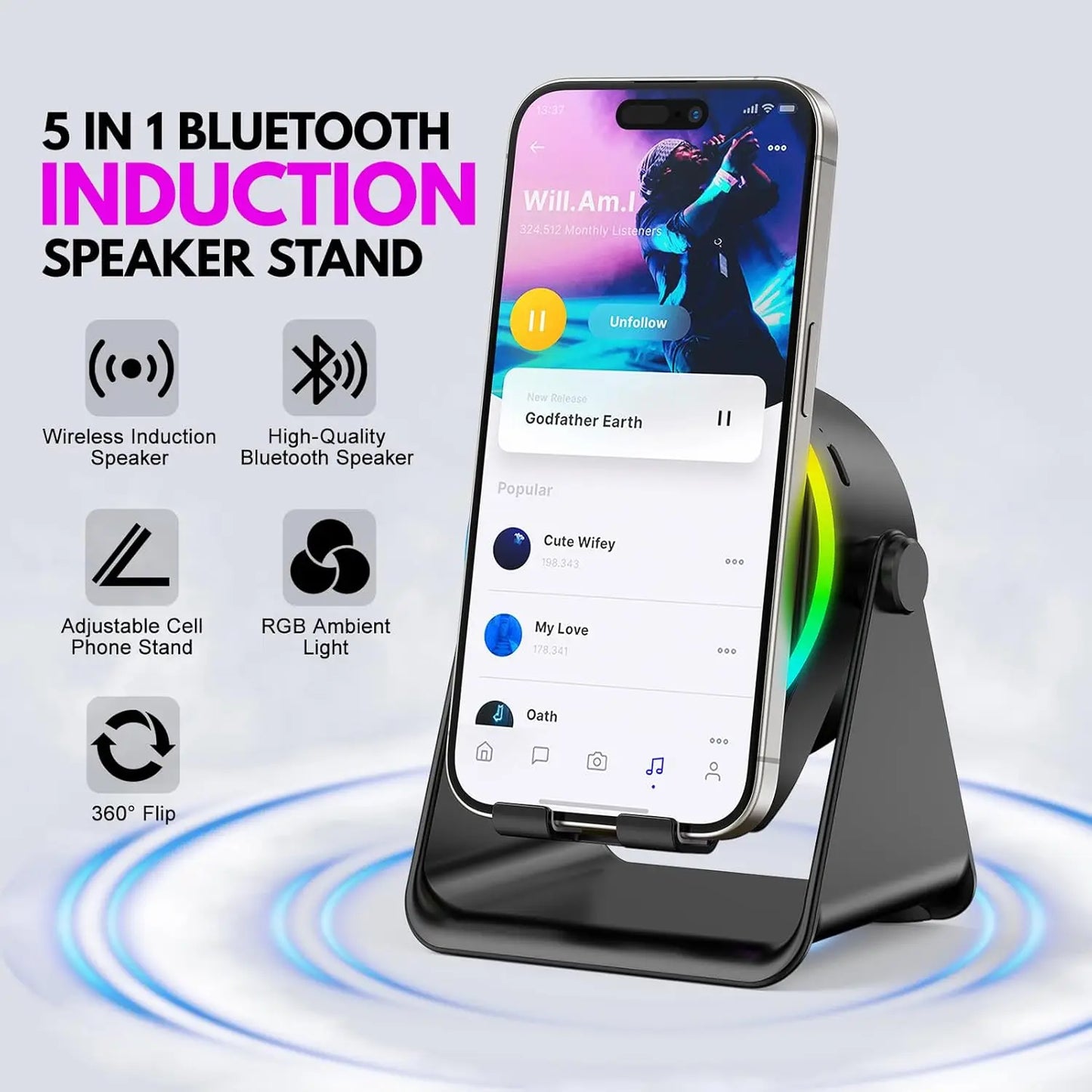 5 In 1 RGB Powerful Bluetooth Wireless Speaker Mobile Phone Stands Portable HIFI Sound Subwoofer Boombox Magnetic Tablet Brack - Merit Sell