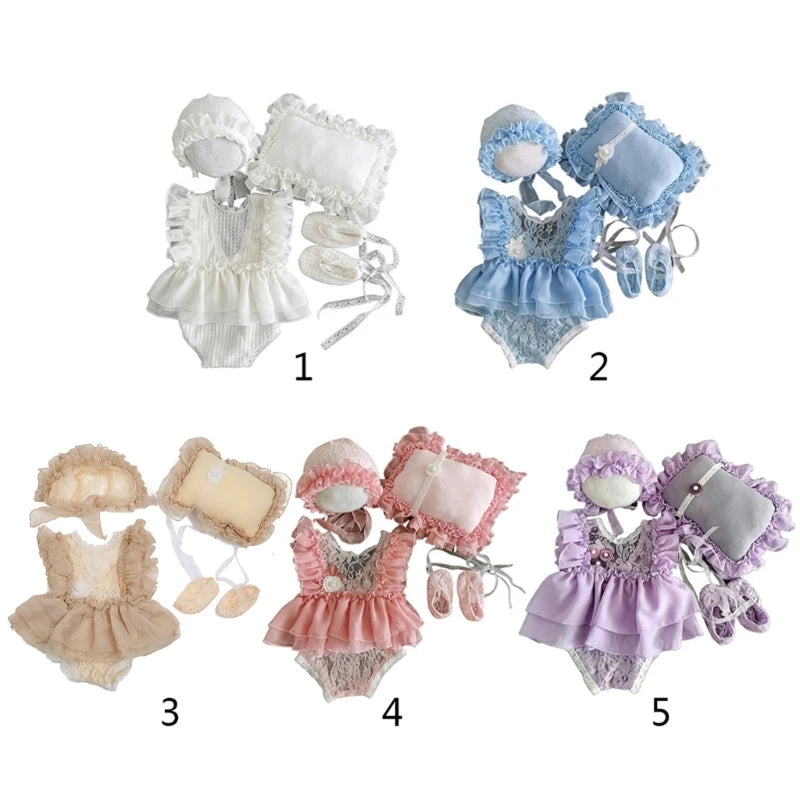 5 Pcs Newborn Photography Props Baby Lace Cute Romper Dress Hat Pillow Shorts Shoes Set Soft Cotton Bodysuit Jumpsuit - Merit Sell