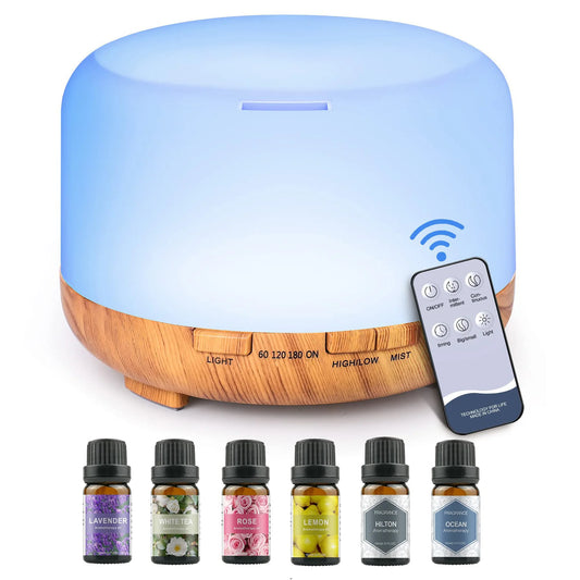 500ML Aromatherapy Oil Diffuser, Aroma Diffuser with 6 Bottle 10ML Essential Oil Set (Lavender/Rose/Jasmine/Lemon/Hilton/Ocean) - Merit Sell