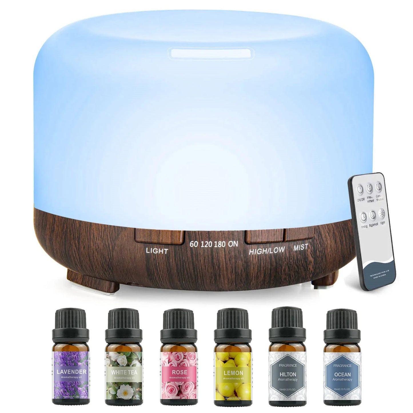 500ML Aromatherapy Oil Diffuser, Aroma Diffuser with 6 Bottle 10ML Essential Oil Set (Lavender/Rose/Jasmine/Lemon/Hilton/Ocean) - Merit Sell
