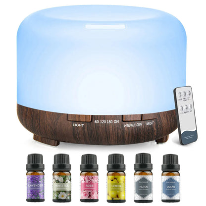 500ML Aromatherapy Oil Diffuser, Aroma Diffuser with 6 Bottle 10ML Essential Oil Set (Lavender/Rose/Jasmine/Lemon/Hilton/Ocean) - Merit Sell