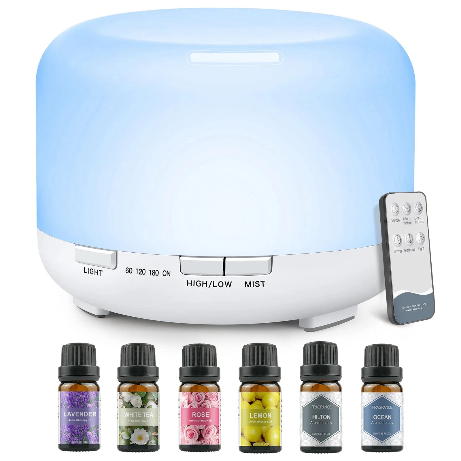 500ML Aromatherapy Oil Diffuser, Aroma Diffuser with 6 Bottle 10ML Essential Oil Set (Lavender/Rose/Jasmine/Lemon/Hilton/Ocean) - Merit Sell