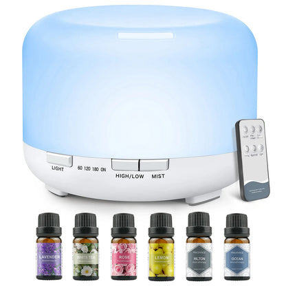500ML Aromatherapy Oil Diffuser, Aroma Diffuser with 6 Bottle 10ML Essential Oil Set (Lavender/Rose/Jasmine/Lemon/Hilton/Ocean) - Merit Sell