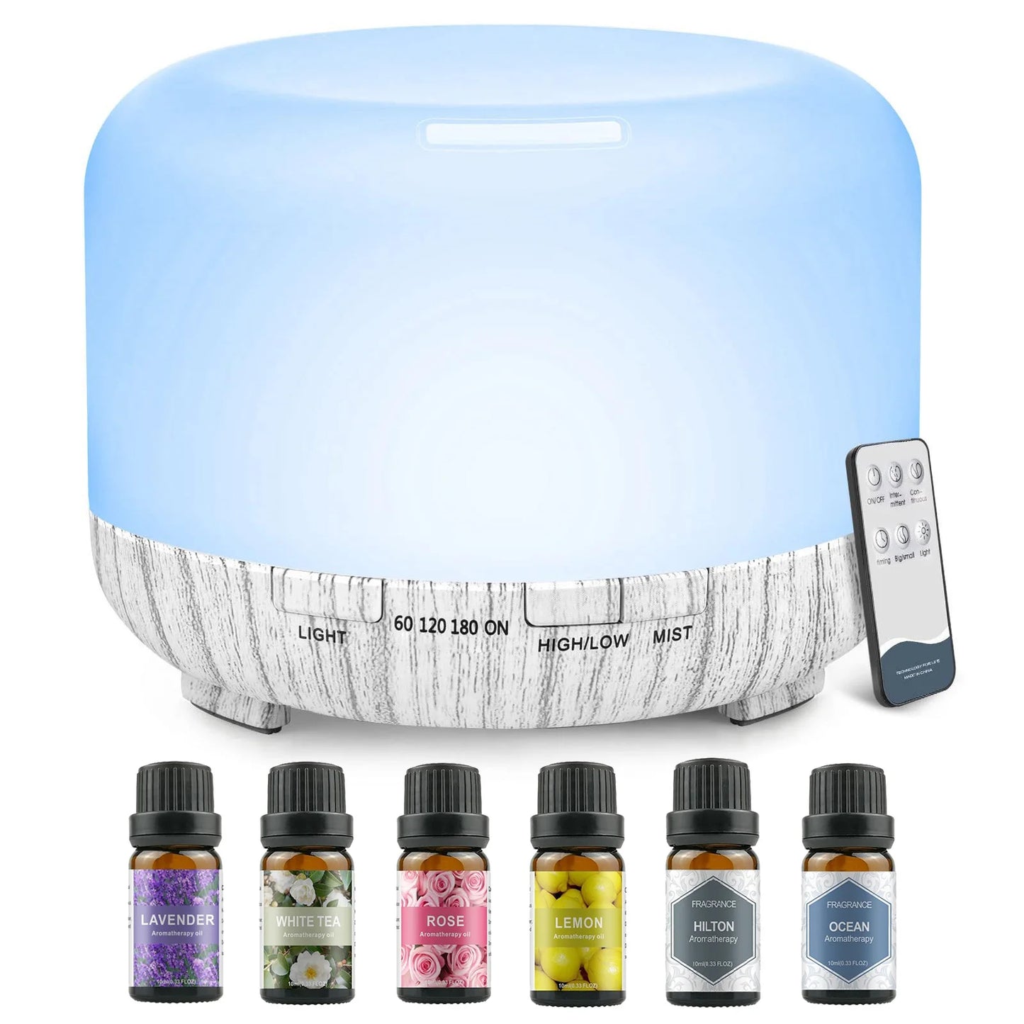 500ML Aromatherapy Oil Diffuser, Aroma Diffuser with 6 Bottle 10ML Essential Oil Set (Lavender/Rose/Jasmine/Lemon/Hilton/Ocean) - Merit Sell