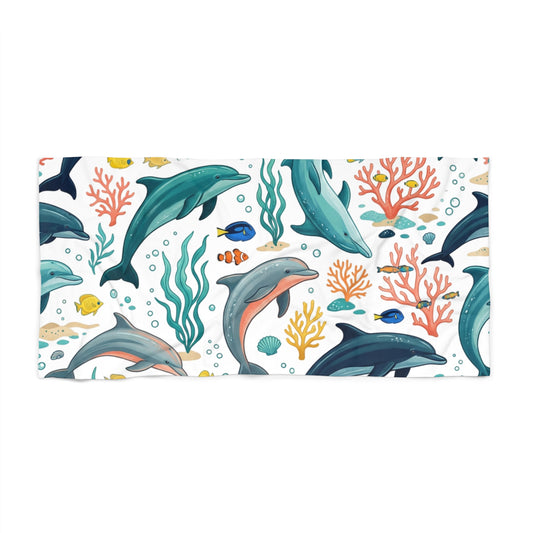 Dolphin Coral Beach Towel  Colorful Ocean Life Print