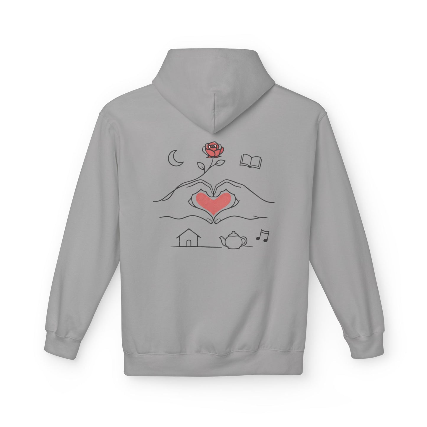 Cozy Heart & Rose Hoodie — Comfort, Home, Tea, Books Design