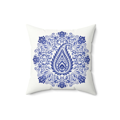 Blue Paisley Mandala Faux Suede Pillow — Decorative Square Throw Pillow
