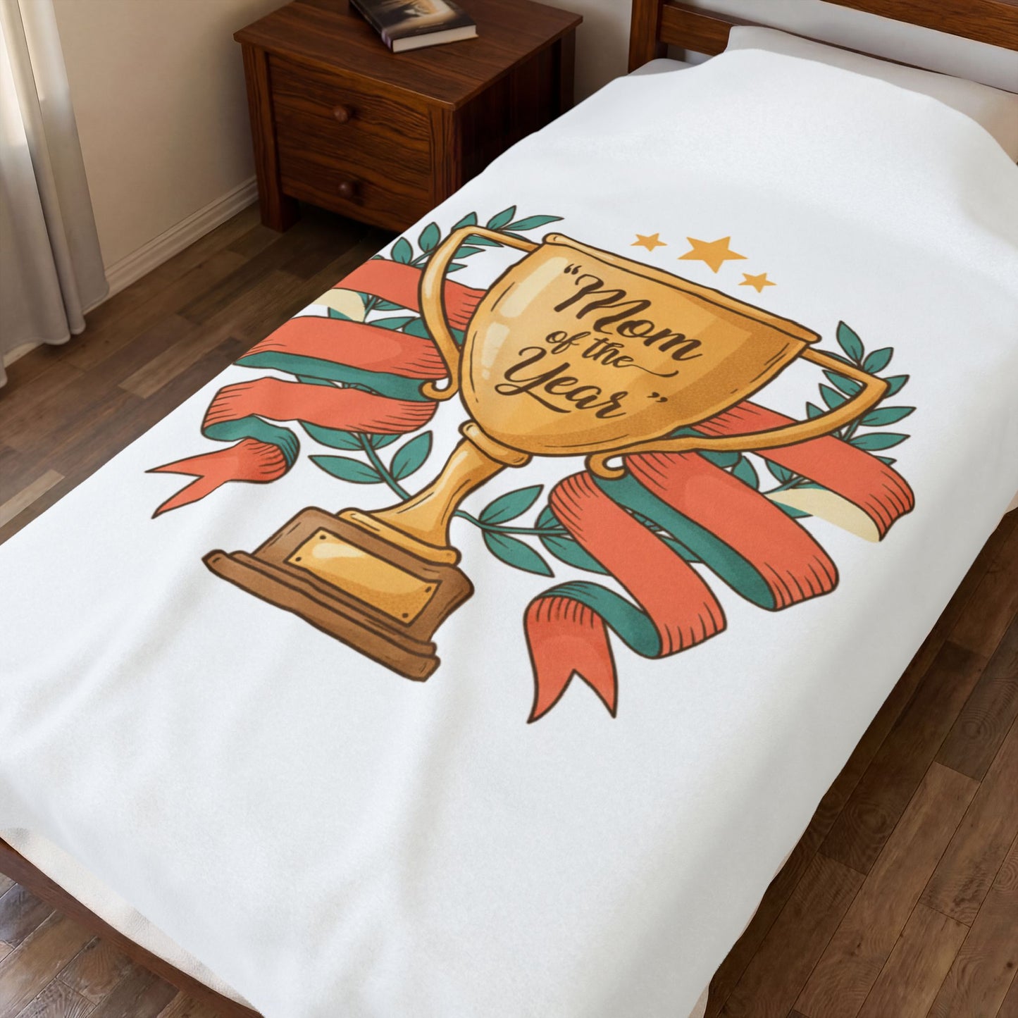 Mom of the Year Velveteen Plush Blanket – Trophy Design Mother’s Day Throw