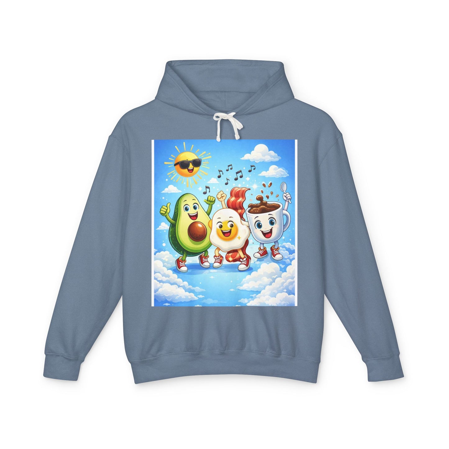 Happy Breakfast Friends Hoodie — Avocado, Egg & Coffee Cartoon Pullover